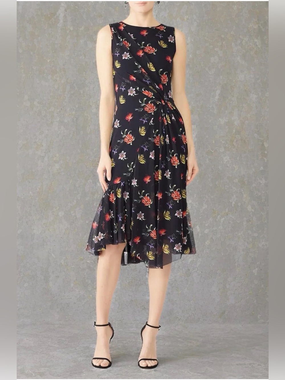 FUZZI Sleeveless Black Floral A-Line Dress with Twist Detail